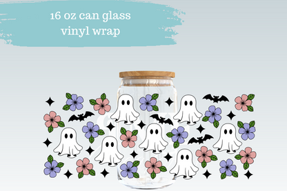 Floral Batty Ghosts | 16 oz Can Glass Libbey Wrap