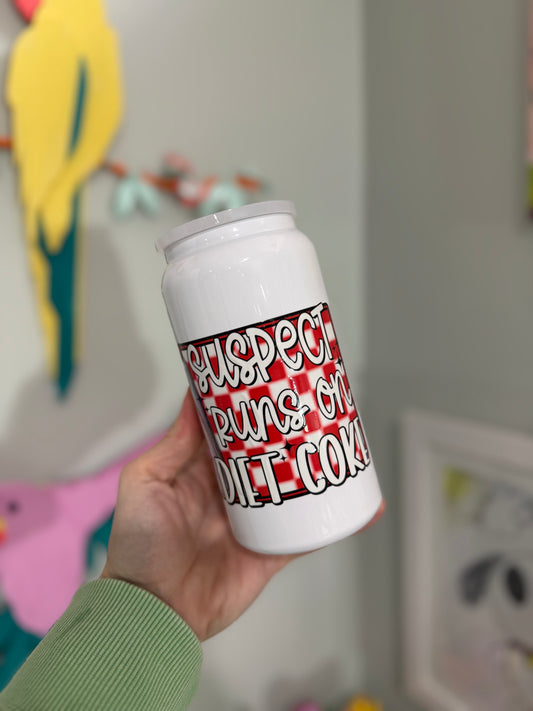 Suspect Runs on Diet Coke 16oz White Can Cup